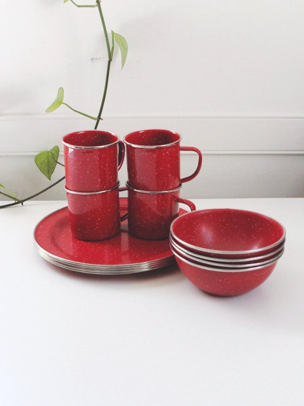 Vintage Enamelware Coffee Cup Plate Bowl Red Speckeled Enamel Set of 12